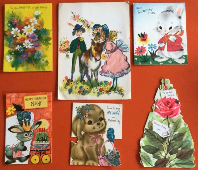 6 Vintage 1950-60s Retro Birthday Greeting Mothers Cards Bundle Flowers Animals
