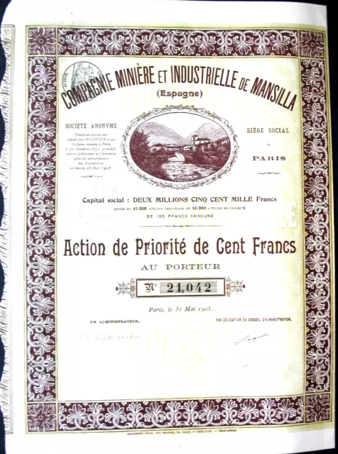 € 1 Minière et Industrielle de Mansilla Spanien hist Aktie Paris 1905 Frankreich