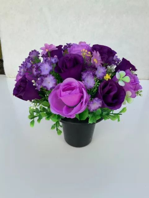 Beautiful artificial Purple flower arrangement in grave/memorial/crem pot 3