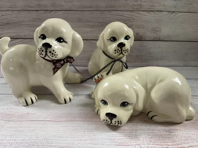 Vintage Large Ceramic Puppy Statue Figurines Set Of 3 Cream/white