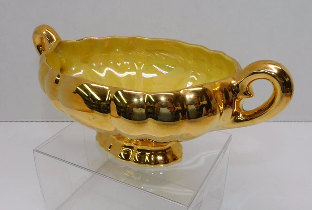 VTG Mid Century Hand-Decorated 22 Kt. Gold Footed Compote Bowl 10.5" W/Handles