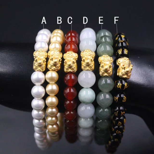 1pcs Pure 24K Gold Bracelet 3D Dragon Pixiu Baby 6mm Jade Beaded Bracelet