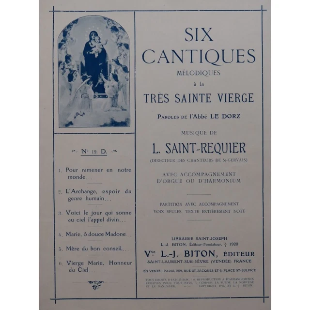 SAINT-REQUIER L. Six Cantiques Chant Orgue ou Harmonium 1913