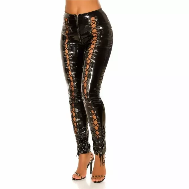 Sexy Lace Up Lacci Shiny Vinile Pvc Vinyl Patent Pantaloni Lucido Nero M
