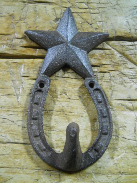 3 Cast Iron Rustic Ranch STAR 1 HOOK Coat Hooks Rack Towel HorseShoe