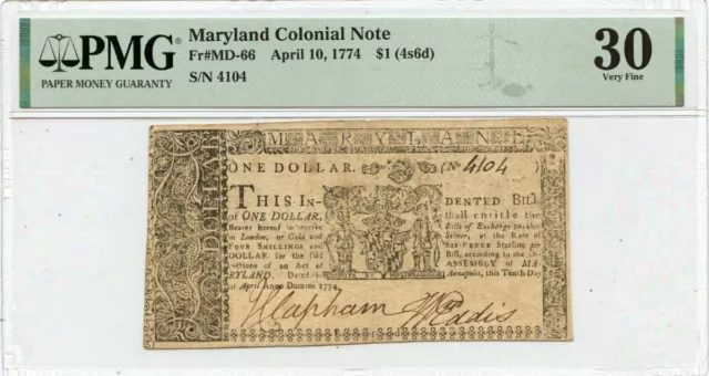 April 10 $1 (4s6d) Maryland Colonial Note 1774 MD-66 PMG VF30