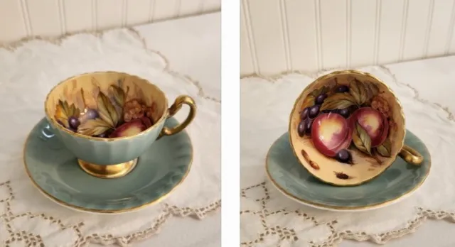 Aynsley Orchard Fruit  Duck Egg Blue/Green Tea Cup & Saucer Set Signed D. Jones