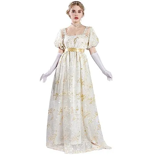 NSPSTT Golden Regency Dresses for Women 1800s Vintage Dress Victorian Ball Go...