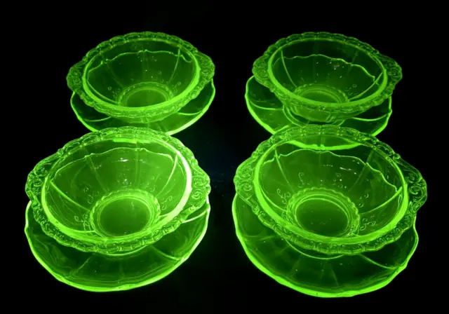 Vintage Bohemia Four Dessert Bowls with Plates Green Uranium Vaseline Glass