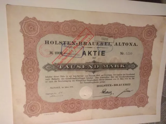 1 x Holsten Brauerei Aktie 1000 RM von 1920 oder 1922 der Brauerei aus Altona