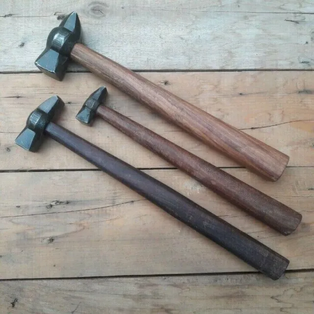 Set of 3 Black Iron Hammer Blacksmith Wooden Handle Heavy Duty Forging Tools