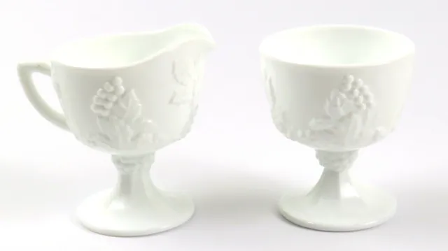 White Milk Glass Vintage Footed Creamer and Sugar Bowl with Grape Design
