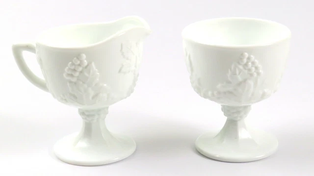 White Milk Glass Vintage Footed Creamer and Sugar Bowl with Grape Design