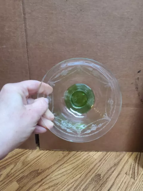 Vintage Small Clear Glass 3 In Bowl With Etched Flowers And Green Bottom 3