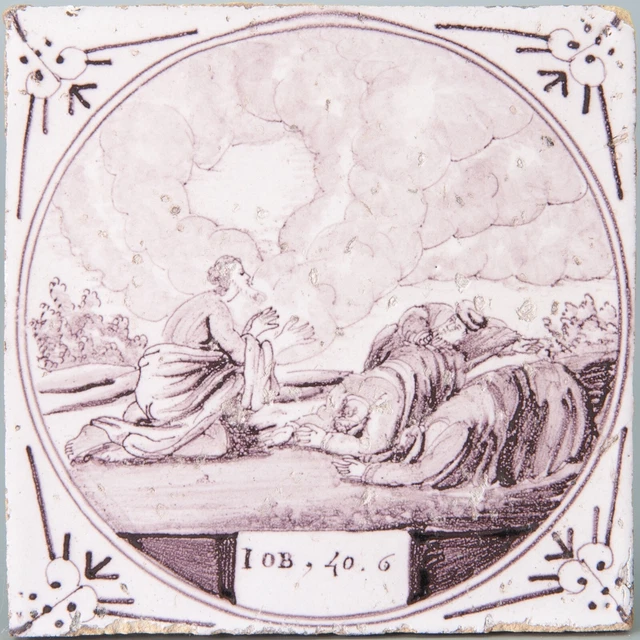 Nice Dutch Delft manganese biblical tile, Job 40:6, 18th century.