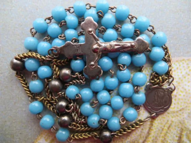 Scarce Mid-1800s Antique Blue Opaline Glass Beads Rosary-Steel Paters/Crucifix