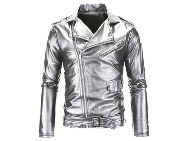 Silver Leather Jacket For Men Real Leather Shinny Motorcycle Belted Biker Jacket