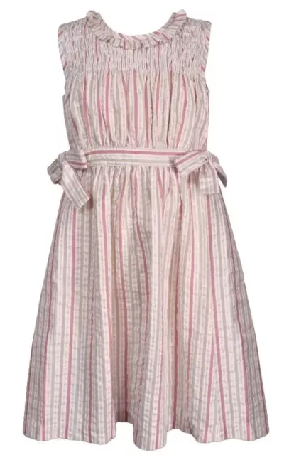 NWT Bonnie Jean Girls Size 6X Ivory Pink Green Stripe Smocked Seersucker Dress