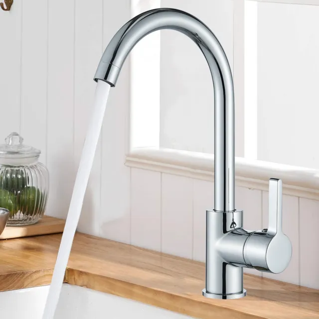 Modern Kitchen Sink Mixer Taps Swivel Spout Twin Lever Tap Mono Faucet Chrome