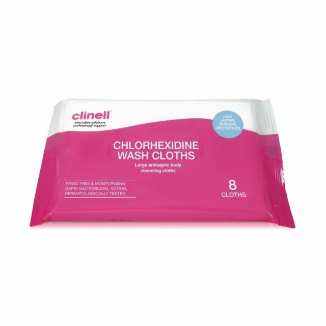 Clinell Chlorhexidine Wash Cloths Antimicrobial Large Cleansing Body Wipes x 8