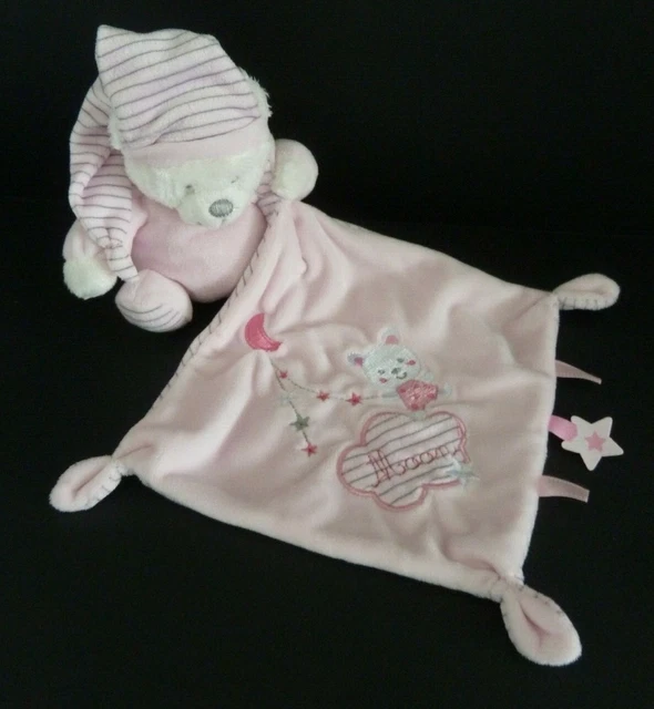 G22. Doudou Ours Max Et Sax Mouchoir Rose Raye Moon Lune Etoile Bonnet - Neuf *