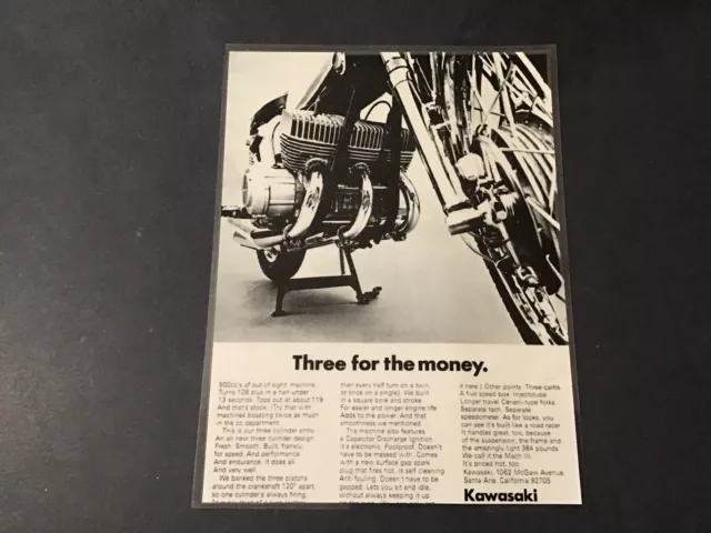 1969 Kawasaki H1 500 Triple 8.5x11 B/W laminated print ad