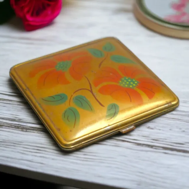 Vintage 1950's Elgin American Brass Floral Motifs Powder Compact Mirror