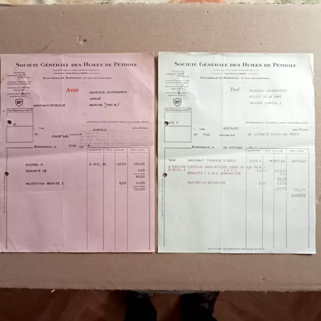 Société Générale des Huiles de Pétrole Ancienne facture et avoir  d'époque 1939