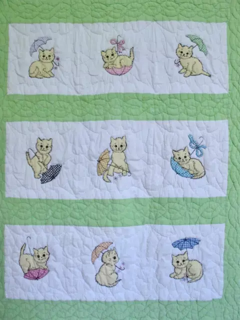 Vtg Kittens Cats Umbrellas Crib Quilt Embroidery Applique Hand Quilted Gingham