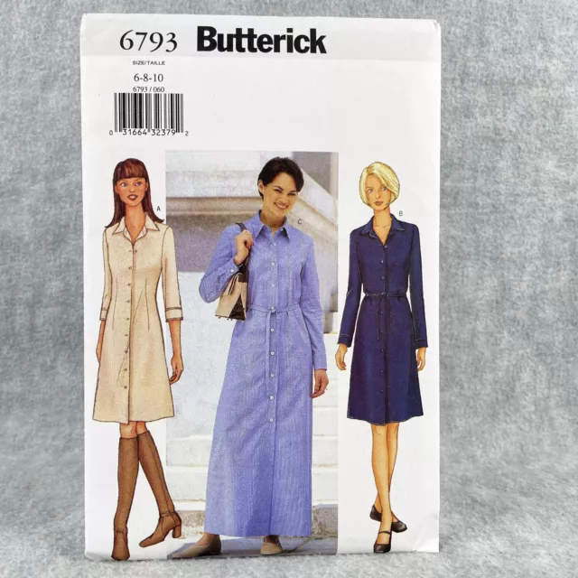 Butterick 6793 Button Front Shirt Dress Misses Size 6 10 Uncut Sewing Pattern