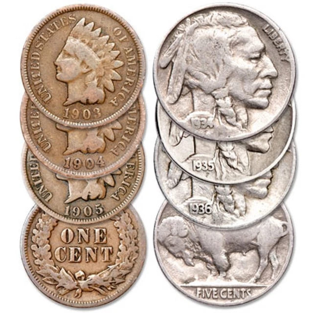Lot of 6 Coins, 3 Indian Head Cents & 3 Buffalo Nickels Nice Collectors US Coins