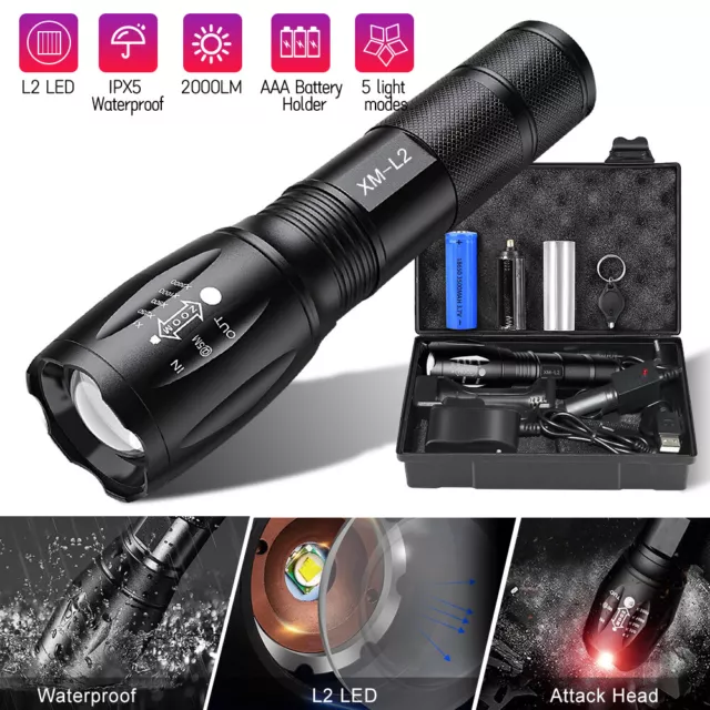 Super Bright 10000000LM LED Torch Tactical Flashlight USB Rechargeable & Battery