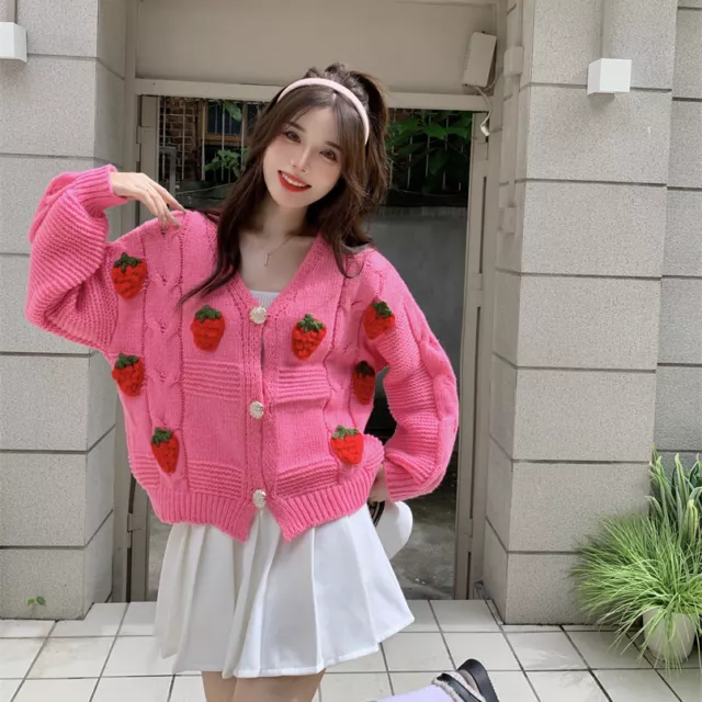 Japanese women strawberry kawaii knitted jacket sweater loose cardigan top