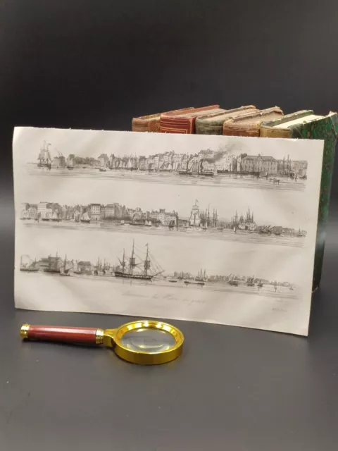 Gravure XIXe, Panorama du Havre de Grâce ♯Voilier ♯ Pêcheurs ♯ Port ♯ Le Havre