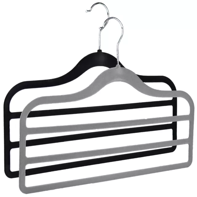 Trouser Hanger Black or Grey 3 Bar Flocked Velvet Slimline Space Saving Non Slip