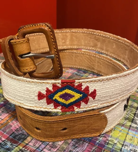 VTG Needlepoint BELT Leather-Wrapped Buckle AZTEC SOUTHWEST WOMENS L Size 38