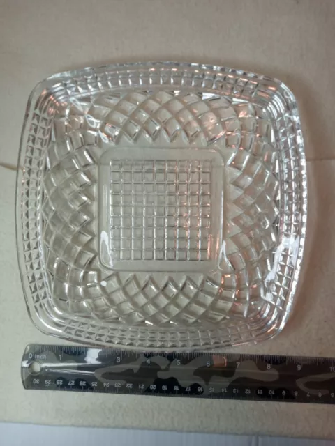 Clear pressed glass square plate, with geometric design, no chips, nice. 8 x 8 x