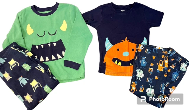 Carters Set 2 Pair Boys Monster Pajamas PJs Size 5 Long Short Sleeve + PJ Pants