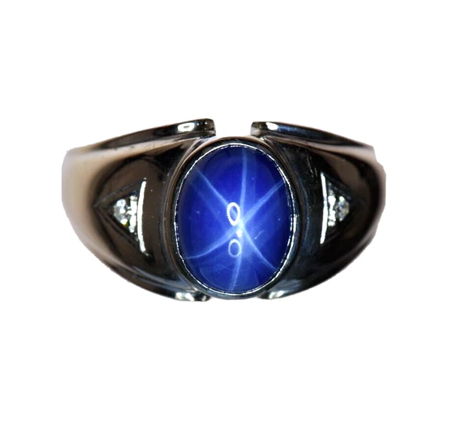 14k White Gold  Ring  Lab Created  Star Sapphire  Natural Diamond  Mens  Ladies