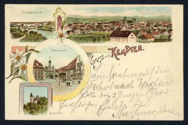 AK Kempten Rathausplatz, Burghalde, Eisenbahnbrücke, Panorama 1898 #HU487