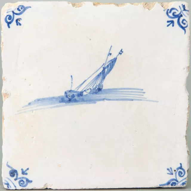 Nice Dutch Delft Blue tile, sailboat , late 17th century.