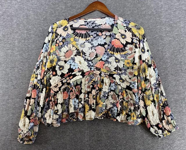 O'neill Women's Floral Cropped Ruffle V-Neck Top long sleeve Size Large