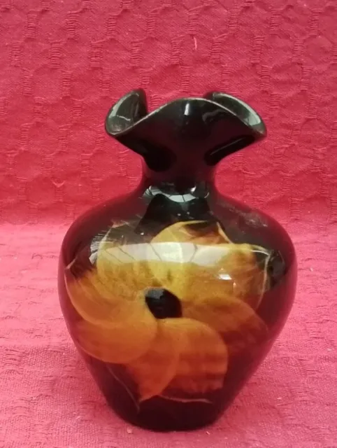 Dunster Studio Pottery Small Flared Vase in Brown Glaze Flower Design 11cm tall