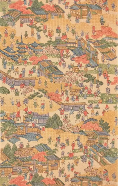 60” Vintage Unused Japanese Kimono Chirimen Silk Old Time Town Scenery Fabric