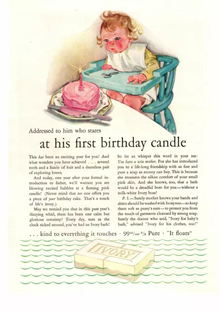 1929 Ivory Soap 1 Year Old Baby's First Birthday Pink Cake Candle Color Print Ad