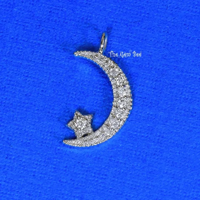 14K Solid White Gold Diamond Petite Crescent Moon and Star Charm Necklace