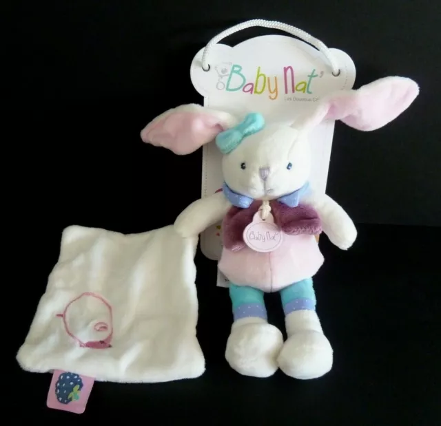 *. DOUDOU PELUCHE BABY NAT LAPIN BERRY ROSE BLANC BLEU VIOLET 19c MOUCHOIR NEUF