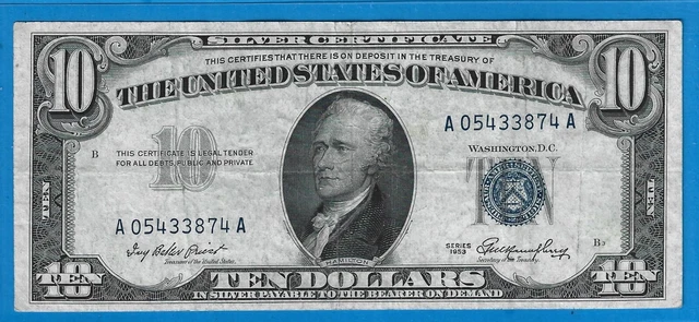 1953 $10 Silver Certificate Note,Blue Seal,Circ VF,Nice!