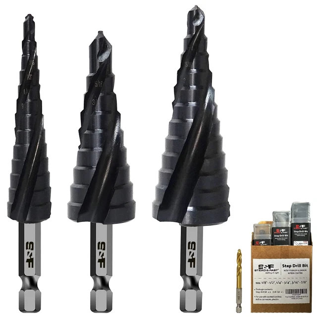 Cobalt Step Drill Bit Set for Metal, Three Spiral Flute, 1/8-1/2", 1/4-3/4", 3/1