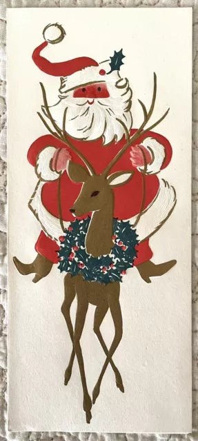 Unused Christmas Santa Ride Deer Gold Embossed Vintage MCM Greeting Card 1960s